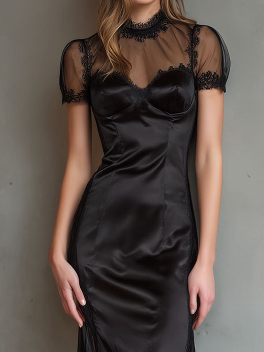 VESTIDO MIDI SATÉN NEGRO CUELLO ALTO ENCAJE